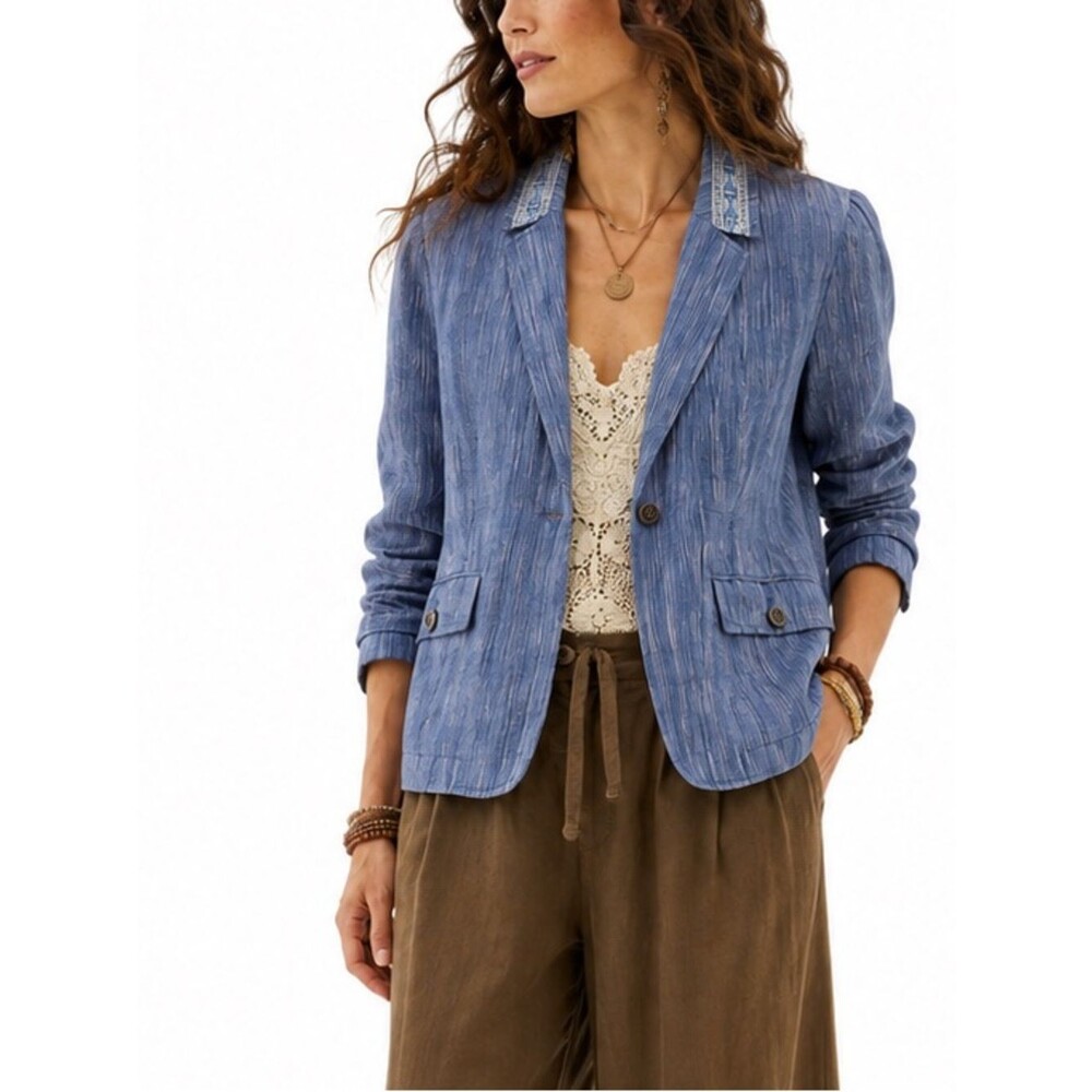 Anthropologie Cartonnier Blue Linen Pinstripe Blazer Jacket Size 10 Boho
